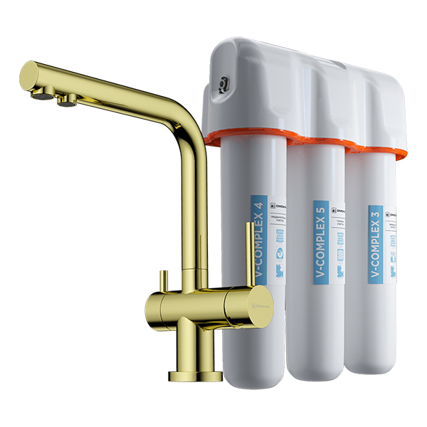 Комплект смеситель для кухни OMOIKIRI Nagano с фильтром Pure drop Lite-LG светлое золото Комплект смеситель для кухни OMOIKIRI Nagano с фильтром Pure drop Lite-LG светлое золото